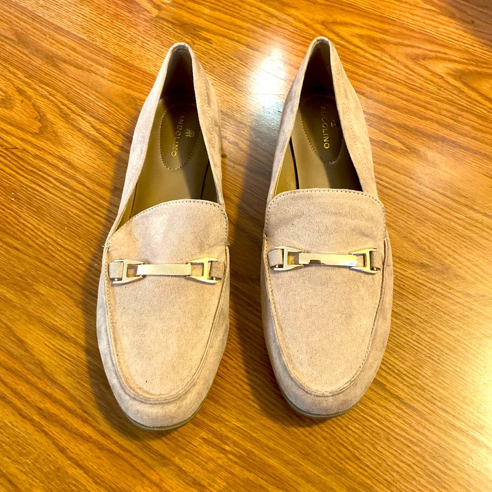 Bandolina Tan Faux Suede Loafers with Gold Metal Detail